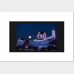 Nubble Lighthouse 2018 New Year Supermoon Cape Neddick Posters and Art